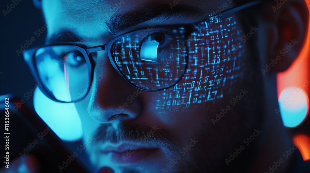 Poster a focused individual with glasses, illuminated by digital code projections.