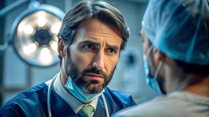 Cirurgião masculino discutindo um procedimento com um paciente na sala de operação