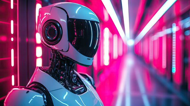 Futuristic robot in neon-lit server room.