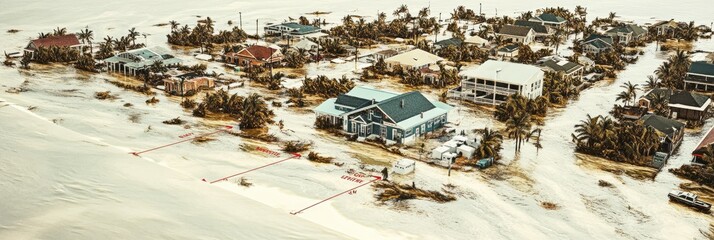 Obraz premium Aerial view of a flooded residential area with submerged homes and vegetation.