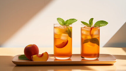Fototapeta premium Refreshing Peach Iced drink with Basil Garnish in a Sunlit Minimalist Setting