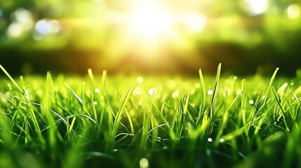 Obraz premium Beautiful green grass covers the lawn, with sunlight shining on it in close-up.