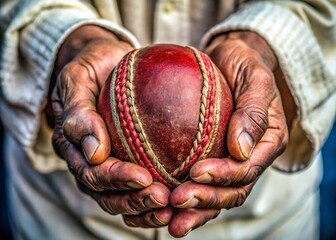 Weathered Hands Holding Worn Red Cricket Ball - Tradition & Time