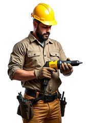 Construction Worker Wearing Safety Helmet Holding Drill on Transparent Background