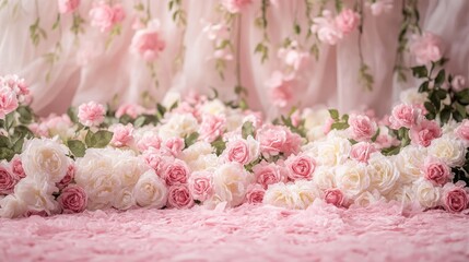 Roses arranged on a soft pink floor create a stunning backdrop, providing a beautiful background image that highlights the elegance of the roses in a serene setting.