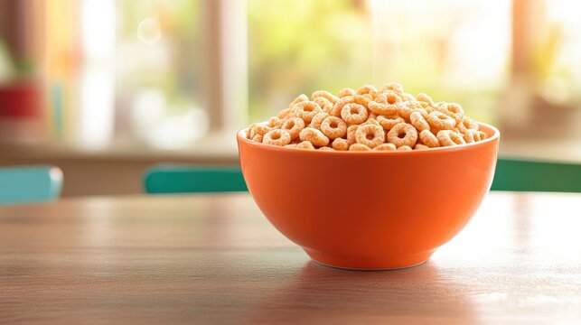 Bright orange bowl filled with Cheerios cereal placed on a table, creating a cheerful and inviting breakfast scene, with space for additional text or design elements.