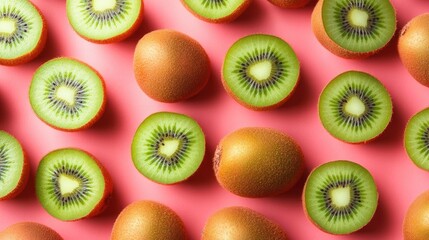 Fototapeta premium Vibrant kiwis arranged on a pink background create a visually appealing composition. Fresh kiwis represent delicious natural delights, perfect for enhancing any design with color and flavor.