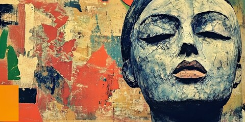 An abstract portrait painting of a woman. A feminine face with bold expression. Colorful background, textured surface, modern art style. Perfect for creative design and visual aesthetics.