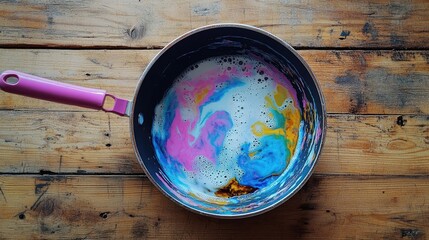 Vibrant mix color saucepan captures the scene of burning milk and boiling water in a non-stick cooking pan, hot from the stove, set against a wooden background with ample copy space.