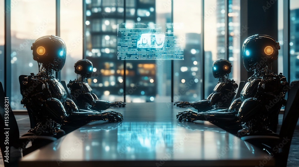 Poster a futuristic boardroom with robots discussing data projections.