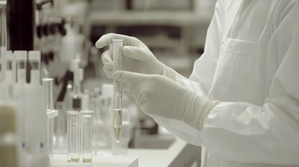 Scientists in lab coats meticulously examining and testing materials under controlled conditions, emphasizing the importance of precision and innovation in scientific research.