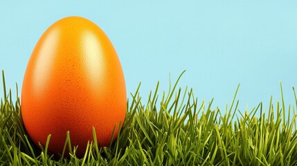 Fototapeta premium Bright Orange Egg on Lush Green Grass Against Blue Background