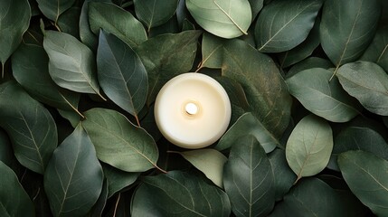 Closeup of a white candle surrounded by leaves on a neutral background, perfect for creating a serene atmosphere. Ample copy space available for versatile use.