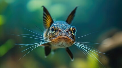 Close-up of a fish with prominent whiskers, looking directly at the camera.