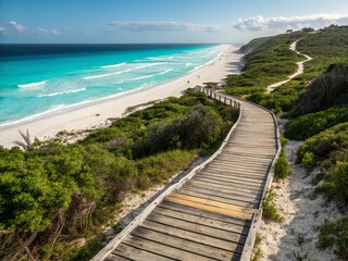 Obraz premium Wooden Path to Beach, Ocean Surf, Sunny Day - Coastal Walkway Stock Photo