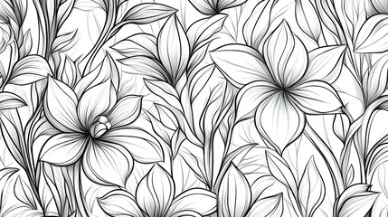 Seamless floral line art pattern, featuring hand-drawn botanical illustrations.  