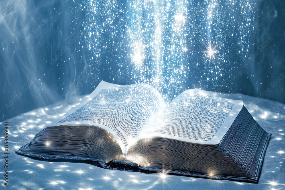 Poster glowing book with sparkling light and magical effects generative ai