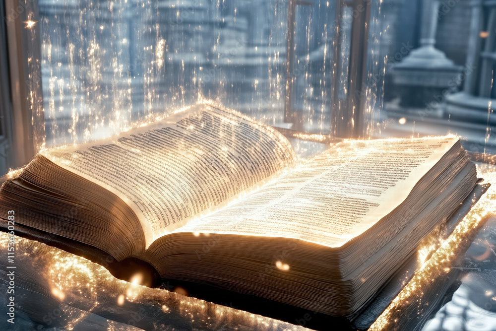 Poster glowing open book with sparkling light and magical ambiance generative ai