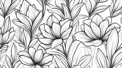 Obraz premium Elegant floral line pattern, seamless hand-drawn botanical ornament. 
