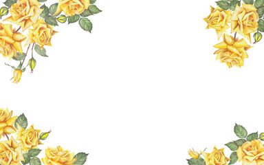 Frame of watercolor illustrations of large yellow roses. Hand-painted watercolor illustration of a frame of yellow roses in vintage style. Ideas for weddings, birthdays, children's parties.