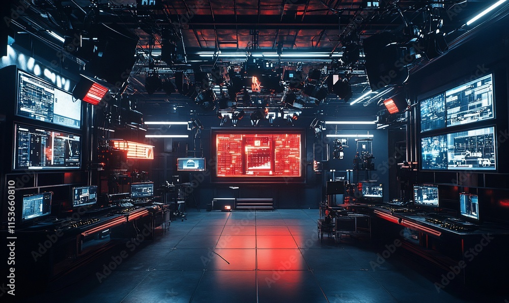 Poster a futuristic control room with multiple screens and high-tech equipment.