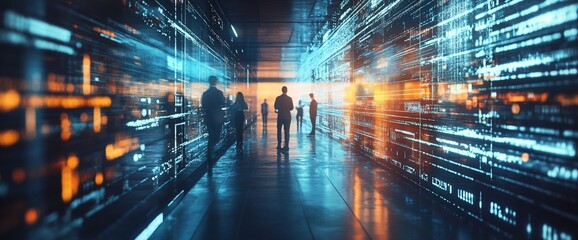 Fototapeta premium A futuristic corridor with silhouettes and digital data streams.