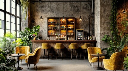 Luxurious bar interior with yellow chairs, plants, and a rustic-industrial design.
