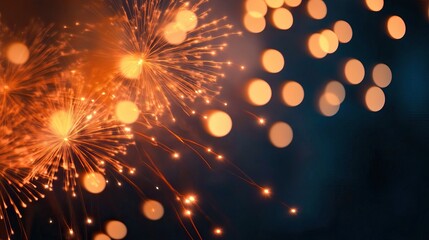 Obraz premium Fireworks show in the night sky, light orange and dark red tones, blurred background and foreground, explosion effect, bokeh lights, HD ultra-detailed realism, warm colors to celebrate the atmosphere