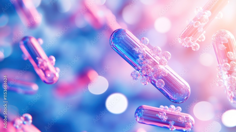 Poster microscopic view of colorful rod-shaped bacteria with attached virus particles.