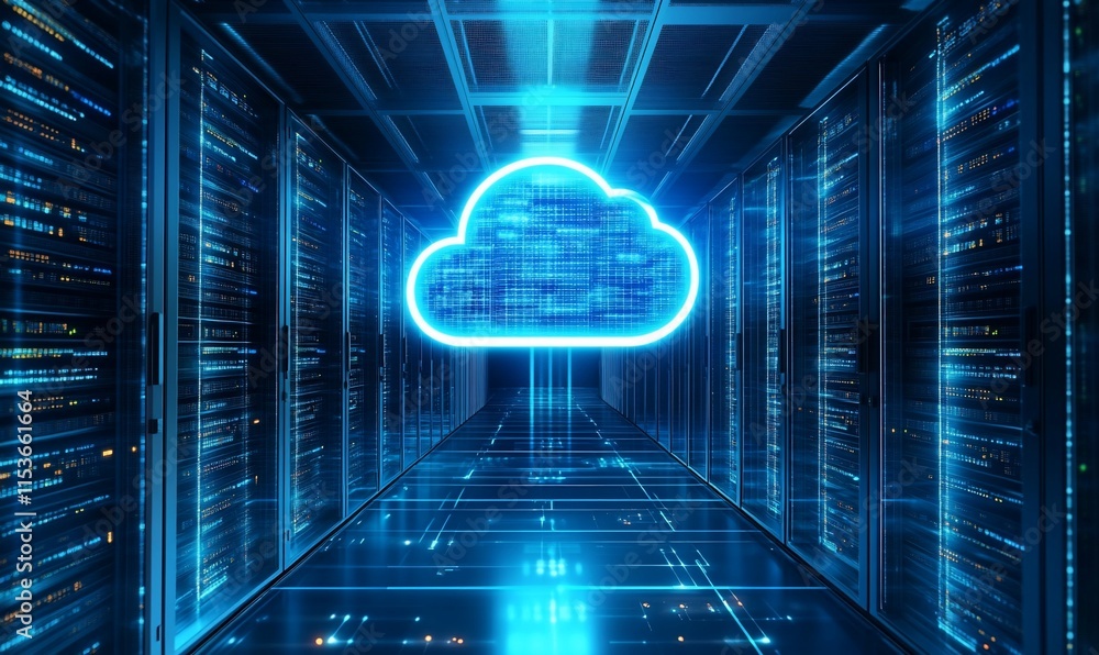 Poster a futuristic data center with a glowing cloud symbol representing cloud computing.