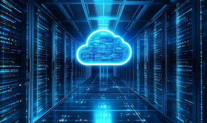 A futuristic data center with a glowing cloud symbol representing cloud computing.