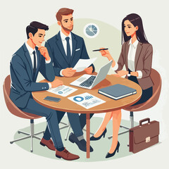 partners meeting for business discussion with documents and laptop on desk.couple at round table ,speaking ,discussing work,partnership.flat vector illustration isolated on a white background