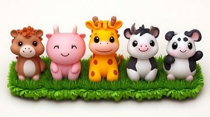 Five adorable cartoon farm animals on grass.