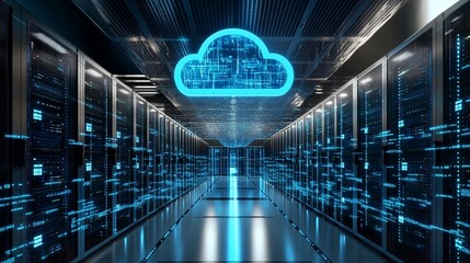 A futuristic data center with cloud computing visuals and digital data flow.