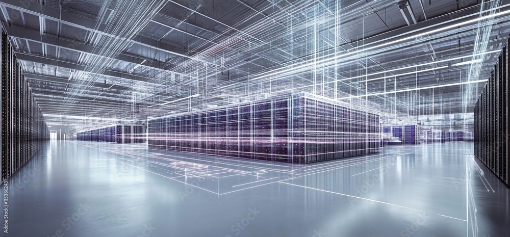 Poster a futuristic data center with illuminated server racks and digital overlays.