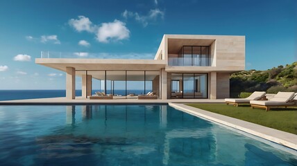 Fototapeta premium Serene Coastal Luxury: Modern Villa with Infinity Pool