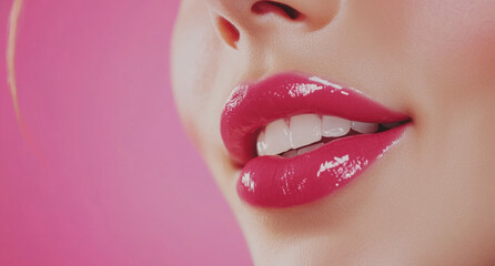 Naklejka premium A woman is carefully applying a bold pink lipstick, highlighting her full lips and perfect smile. The bright pink background enhances the overall effect, reflecting a playful and confident mood.