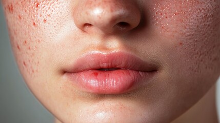 Fototapeta premium Close-up of a face, clear skin with red pimples on one cheek.