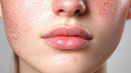 Fototapeta premium Close-up of a face, clear skin with red pimples on one cheek.
