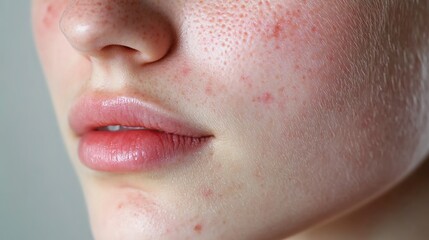 Fototapeta premium Close-up of a face, clear skin with red pimples on one cheek.