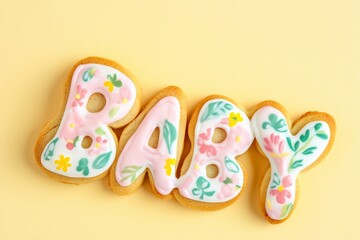 flat lay cookies shaped lettering "BABY" adorned with floral print icing, pastel background for baby shower or nesting party