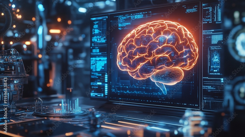 Poster a futuristic display of a glowing brain model in a tech environment.