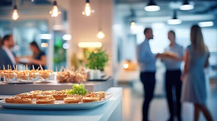 Modern corporate buffet presents appetizers for a social gathering. Business event with gourmet food ideal for networking. Conversations in an elegant environment enhance the corporate setting. An