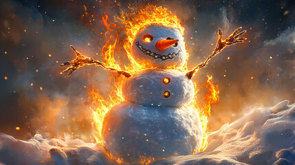 Frosty's fiery adventure: a snowman's infernal meltdown, ai generative. Frostfire. Illustration