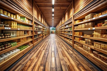 A long, empty wooden corridor in a Marks & Spencer food store, showcasing deep focus.