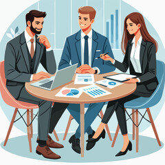 partners meeting for business discussion with documents and laptop on desk.couple at round table ,speaking ,discussing work,partnership.flat vector illustration isolated on a white background