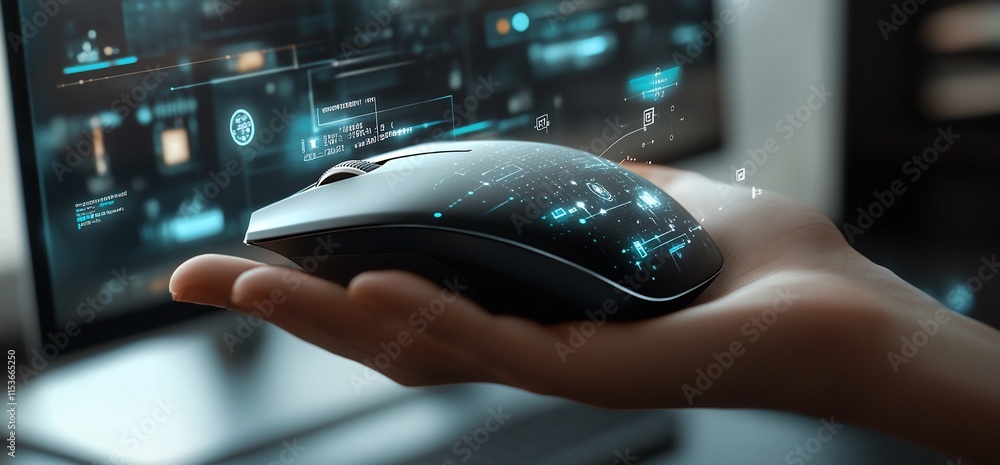 Poster a futuristic mouse held above a computer, showcasing advanced technology.