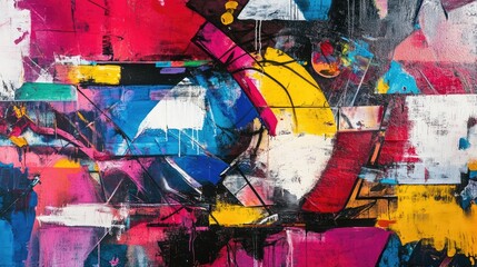 Obraz premium Vibrant abstract graffiti decorates the wall with bold colors. This colorful graffiti artwork creates an eye-catching focal point, ideal for creative projects with plenty of copy space.
