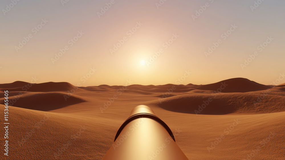 Poster petroleum production and usage, a dynamic view of a pipeline stretching across a landscape, showcasi