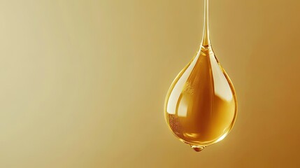Golden oil drop ready for application, elegantly dripping to convey a sense of luxury and nourishment, perfect for wellness and beauty concepts with ample copy space.